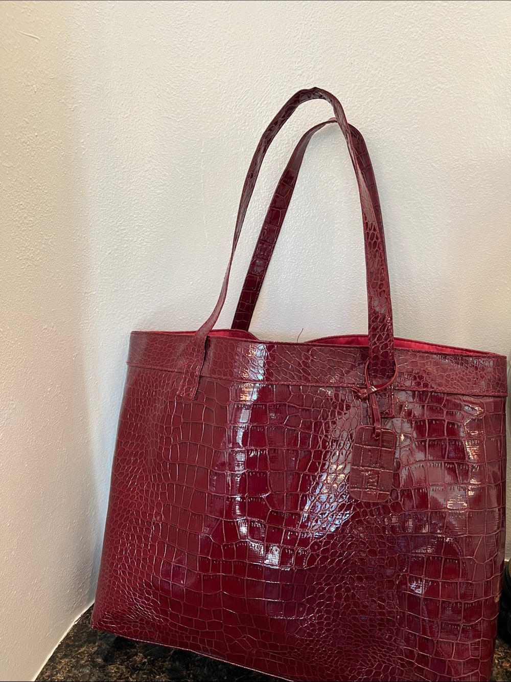 NEIMAN MARCUS Croc-Embossed Faux Patent Tote in Wine